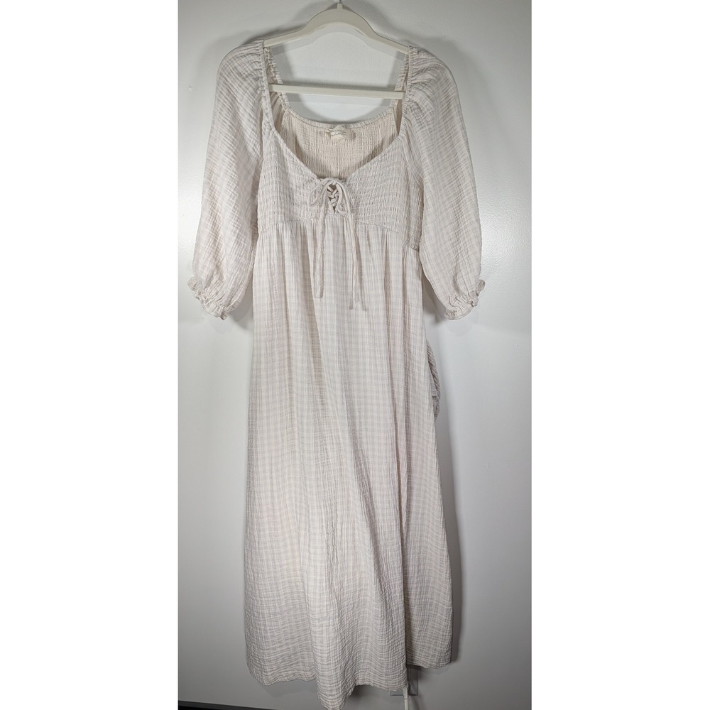 Worth Collective Cotton Gauze Gingham Smocked Dress Grey/Cream M